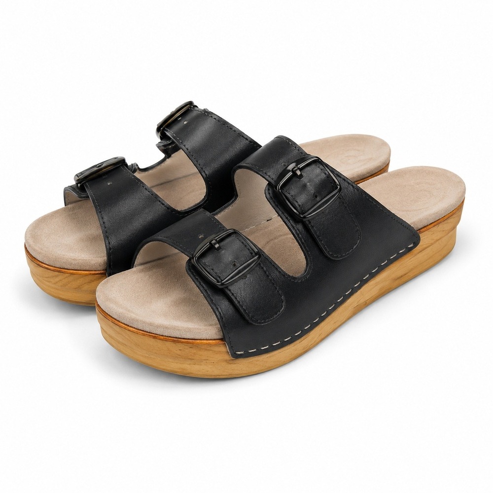 Swedish Clogs Spring Sole Sandals Womens 9.5 Black Leather Platform Buckle Slide